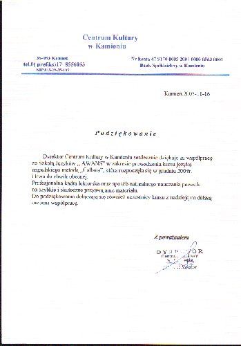 Referencje dla szkoły języka angielskiego AWANS od Centrum Kultury Kamien
