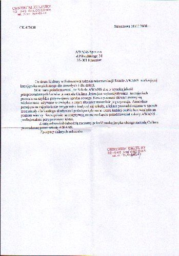 Referencje dla szkoły języka angielskiego AWANS od CK Suloszowa