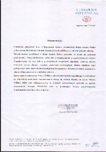 Referencje dla szkoły języka angielskiego AWANS od Cukrowni Ropczyce