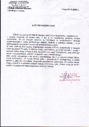 Referencje dla szkoły języka angielskiego AWANS od Gminnego Centrum Kultury i Ekologi w Cisnej