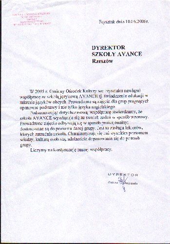 Referencje dla szkoły języka angielskiego AWANS od Gminnego Osrodka Kultury Frysztak