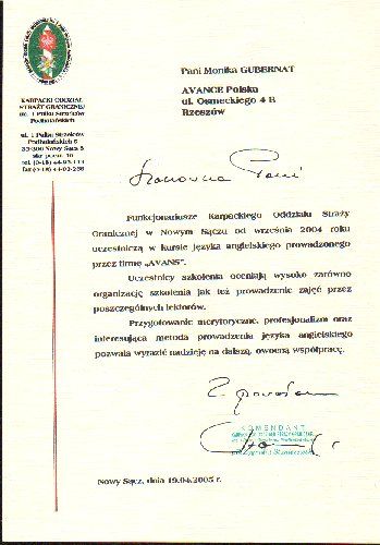 Referencje dla szkoły języka angielskiego AWANS od Karpackiego Oddzialu Strazy Granicznej Nowy Sacz