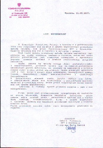 Referencje dla szkoły języka angielskiego AWANS od Komendy Powiatowej Policji Myszkow