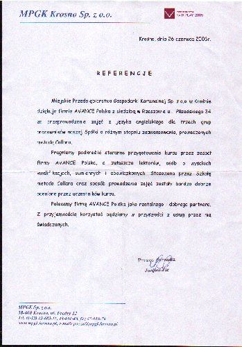 Referencje dla szkoły języka angielskiego AWANS od MPGK Krosno