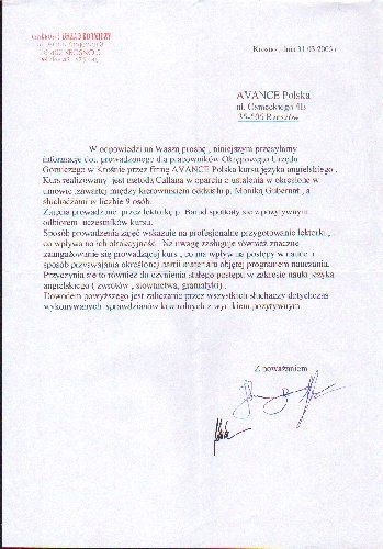 Referencje dla szkoły języka angielskiego AWANS od Okregowy Urzad Gorniczy Krosno