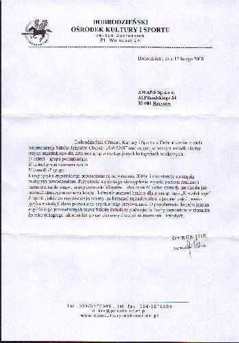 Referencje dla szkoły języka angielskiego AWANS od Osrodek Kultury Dobrodzien