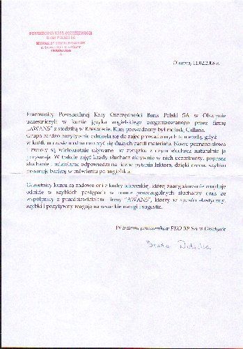 Referencje dla szkoły języka angielskiego AWANS od PKO Bank Polski Olsztyn