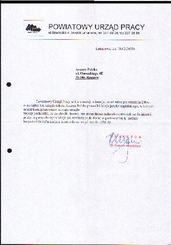 Referencje dla szkoły języka angielskiego AWANS od Powiatowego Urzedu Pracy Limanowa