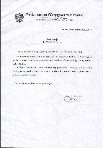 Referencje dla szkoły języka angielskiego AWANS od Prokuratury Okregowej Krosno