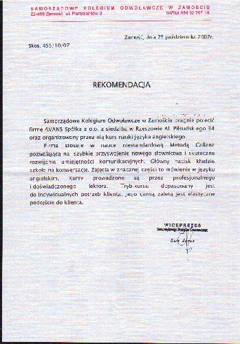 Referencje dla szkoły języka angielskiego AWANS od Samorzadowe Kolegium Odwolawcze Zamosc