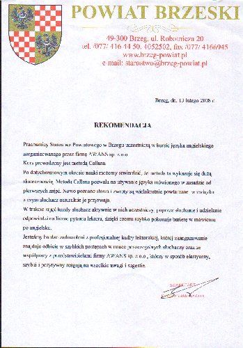 Referencje dla szkoły języka angielskiego AWANS od Starostwo Powiatowe Brzeg