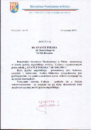 Referencje dla szkoły języka angielskiego AWANS od Starostwo Powiatowe Nisko