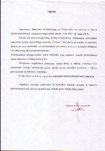 Referencje dla szkoły języka angielskiego AWANS od Starostwo Powiatowe Przeworsk