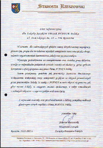 Referencje dla szkoły języka angielskiego AWANS od Starostwo Powiatowe Rzeszow